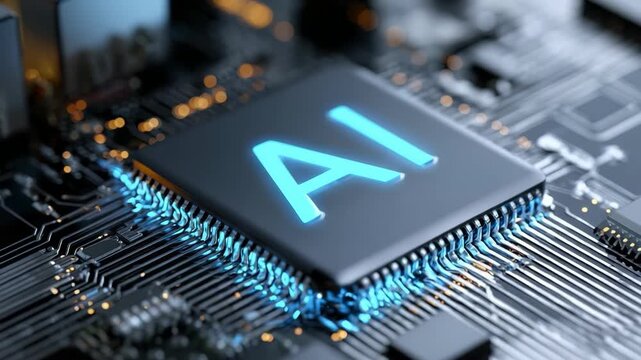 AI processor chip glowing blue on a complex electronic motherboard, realistic style, blurred background, concept of artificial intelligence technology