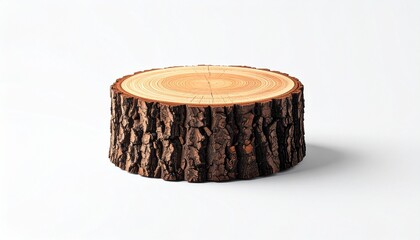 Single log of wood with rough bark and smooth cut end revealing growth rings, placed on white surface, showcasing natural texture and tree age pattern, relevant for forestry and educational themes.