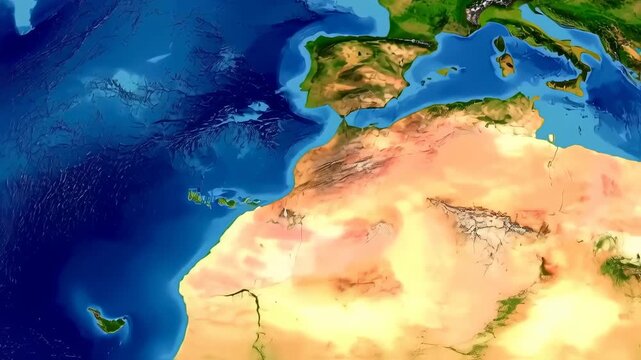 A stylized 3D rendering of Europe, showcasing landmasses, oceans, and underwater topography