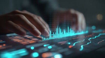 Focused medium shot capturing a digital dashboard with predictive analytics graphs blurred hands typing data highlighting AIdriven stock forecasting.
