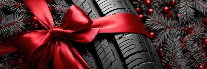 Unique Holiday Gift Idea Featuring a Tire Wrapped With a Red Ribbon Among Festive Decorations