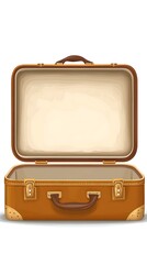 Vintage Open Brown Suitcase on white background, empty luggage bag