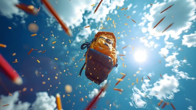 Flying yellow backpack with school supplies in sky, back to school concept