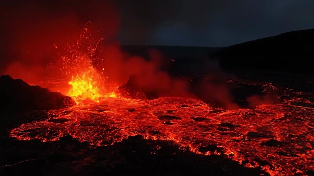 Molten lava flows powerfully and glows intensely, depicting raw geothermal energy moving across a dark volcanic landscape timelapse conceptual, rock, heat