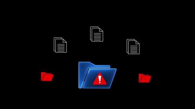Hands interacting with digital file folders and cybersecurity alert icons. Concept of protection from malware, viruses, spyware , Digital document and folder alert concept. Error notifications