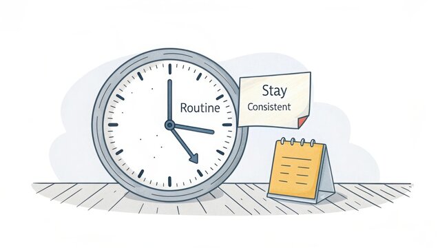 Clock Sketch Depicting Time and Routine on a Wooden Table