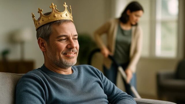 A Man Wearing a Crown Sits Relaxed on a Sofa While a Woman Cleans in the Background, Creating a Humorous Domestic Scene Patriarchy Concept