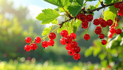 Close-up of red currants on a branch. Lush green foliage and a blurred garden background. Sunny day