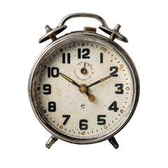 A vintage alarm clock face with an off-white enamel dial, simple tick marks instead of numbers, and a brass bezel with light scratches, isolated on transparent background.
