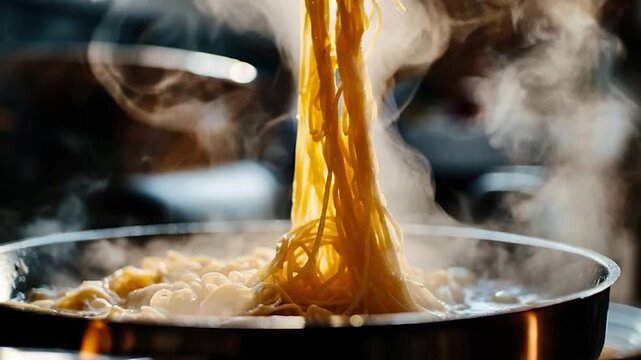 Steaming Hot Noodles Being Cooked in a Pot.