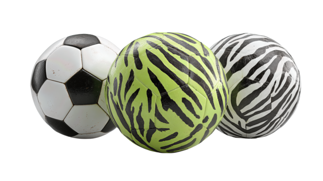 A trio of soccer balls in black and white, neon lime, and zebra stripe patterns arranged in a staggered line with light scuffs, isolated on transparent background.
- Powered by Adobe