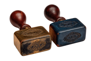 Two vintage rubber date stamps made of worn mahogany and brushed brass with muted navy ink pads, crossed slightly, isolated on transparent background.
