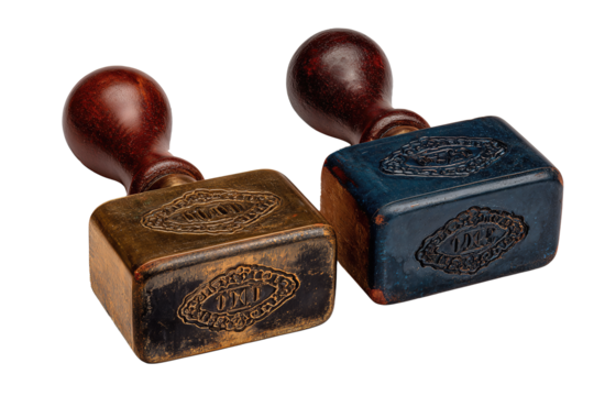 Two vintage rubber date stamps made of worn mahogany and brushed brass with muted navy ink pads, crossed slightly, isolated on transparent background.
