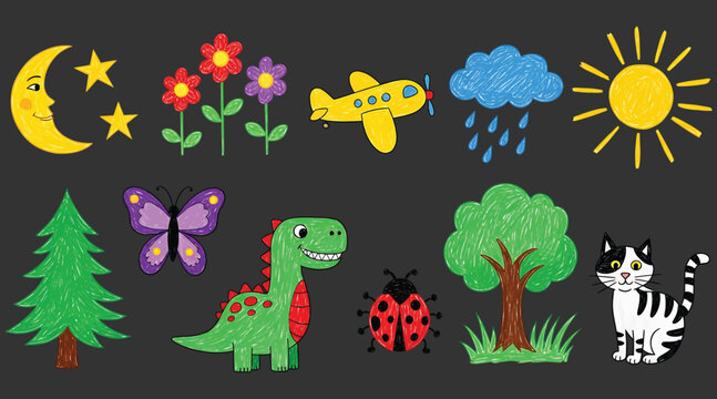 Whimsical Cartoon Collection Featuring Cute Animals, Nature Elements, Weather Icons, and Playful Objects on Dark Background &ndash; Ideal for Kids&rsquo; Educational Materials, Decor, and Creative Projects