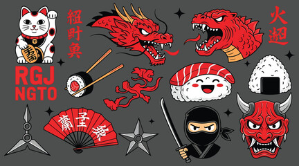 Vector art of vibrant japanesethemed illustration featuring a lucky cat, dragon, sushi, ninja, and other cultural elements, creating a bold and eyecatching design for apparel and graphic projects