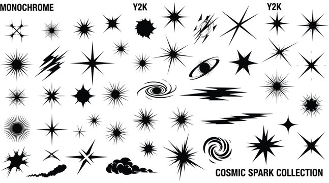 Vector art of a cosmic spark collection of monochrome y2k elements, featuring stars, galaxies, and abstract shapes for modern and retro designs
