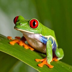 Fototapeta premium Close-up of a vibrant red-eyed tree frog perched on a lush green leaf