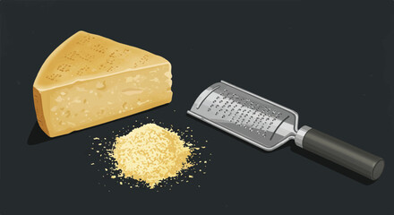Parmesan Cheese Wedge with Grater and Freshly Grated Pile