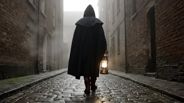 Mysterious figure walking through foggy alleyway with lantern in a historic district