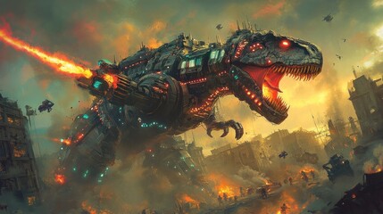 Mechanical tyrannosaurus rex with weapons and explosions