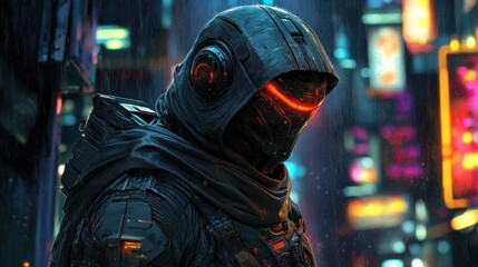 Futuristic hooded figure in cyberpunk city