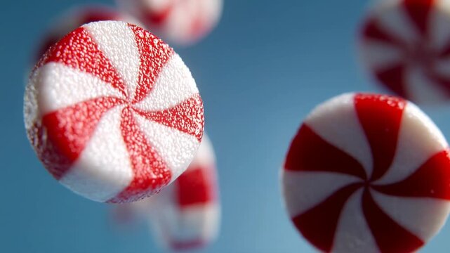 Sweet peppermint candies spiral in a dynamic composition against a vibrant blue backdrop. This photorealistic shot highlights the vivid colors and intricate patterns of the treats.