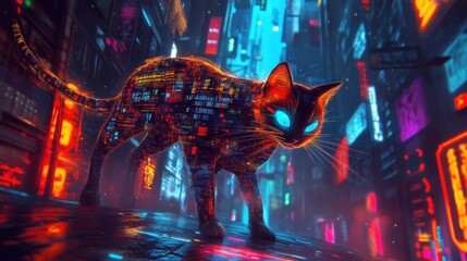 Cyberpunk cat in neon city
