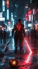 Futuristic warrior with sword in a neon city