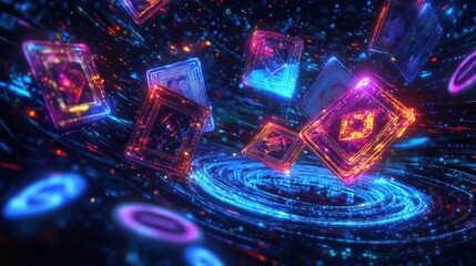 Abstract digital playing cards floating in space