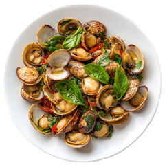 Fototapeta premium Delicious Clams Stir-Fried with Fresh Basil and Chilies on a White Plate on transparent background
