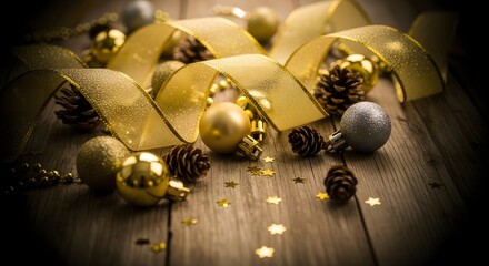 A golden ribbon is artfully arranged with pine cones and baubles on a wooden surface, evoking a festive holiday atmosphere.