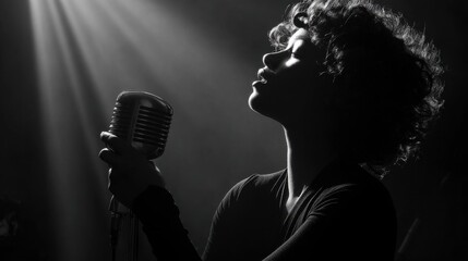 Silhouette of a Singer Performing with a Vintage Microphone.
