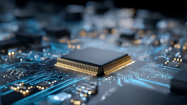 A close-up, high-tech image of a central processing unit(CPU), the core of modern electronics. The CPU, the brain of a digital device, radiates with glowing circuits.