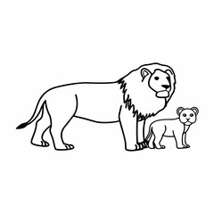 Obraz premium Isolated vector drawing of a lion with a lion cub, made in a simple black and white style.