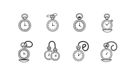 Collection of vintage pocket watch designs with chains and intricate details hand drawn style vector