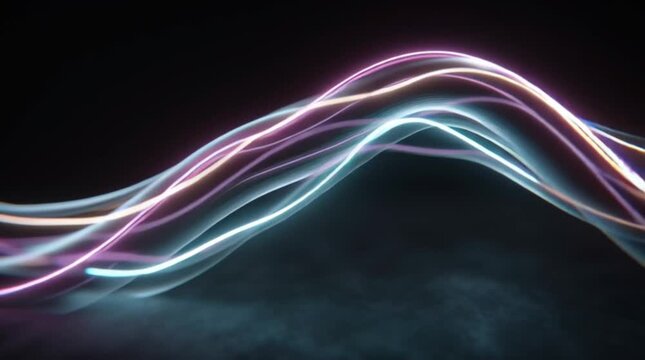 thin glowing neon wires bending across black space, moving like energy currents