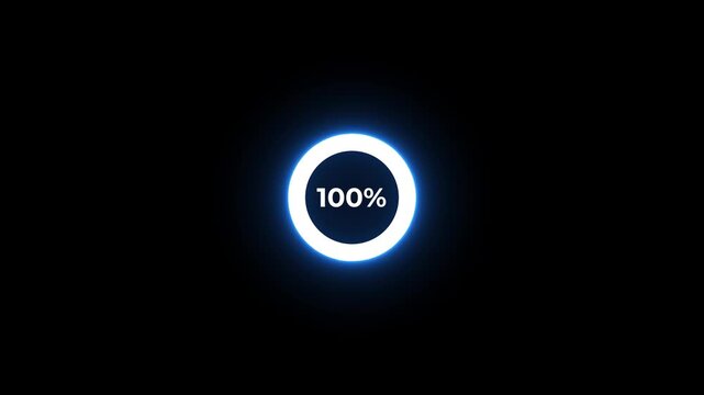 Fully loaded blue circle progress bar at 100 percent on black background loading
