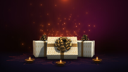 Festive Gift Boxes with Glowing Diyas and Golden Particles