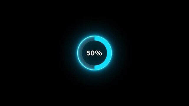 Bright blue circular progress meter at 50 percent on a black backdrop progress bar loading