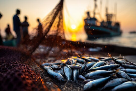 Close-up shot of freshly caught fish lying on a net at sunset, silhouetted figures and boat in the background. Concept for seafood industry, sustainable fishing and coastal community livelihood