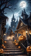 Fototapeta premium Halloween, festividad internacional del Día de los Muertos. Calabazas y castillos terroríficos.