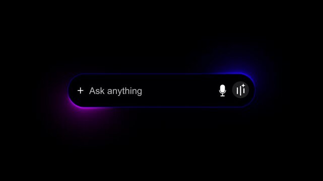 Futuristic Search Bar with Glowing Neon Edges and Microphone Icon on Dark Background input field text box
