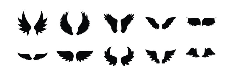 different types of wings vector set in black color