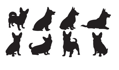 Set of silhouettes of various breeds of dogs 