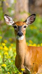 Fototapeta premium Alert White-Tailed Deer in a Meadow of Yellow Flowers.