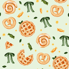 Delicious treats pattern featuring pies, pretzels, ribbons, and candies for a fun and colorful design