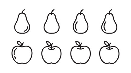 Collection of hand drawn pear and apple fruit icons simple outline art for healthy food graphics vector