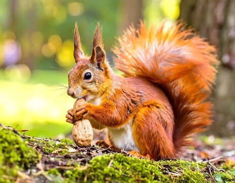 Red Squirrel eating a nut in a park - Powered by Adobe