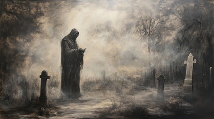 Mysterious figure in hooded cloak at cemetery