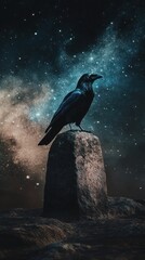 Raven perched on a stone against a starry sky